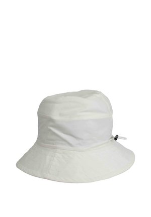 White bucket hat made from soft, lightweight fabric. Features a wide brim and adjustable drawstring for size customization.