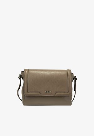 Petit sac bandoulière en cuir taupe avec fermeture à rabat et logo métallique "JOOP!" au centre devant, bandoulière réglable sur les côtés.