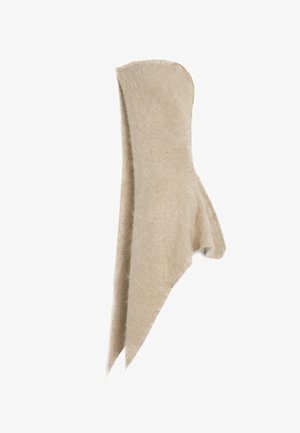 Beige, weich strukturierter, asymmetrischer gestrickter Schal oder Umhang mit spitzen Enden und drapierter Gestaltung.