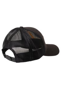 Black cap featuring a solid front and a mesh back. The bill is slightly curved. Adjustable strap with multiple sizing holes.
