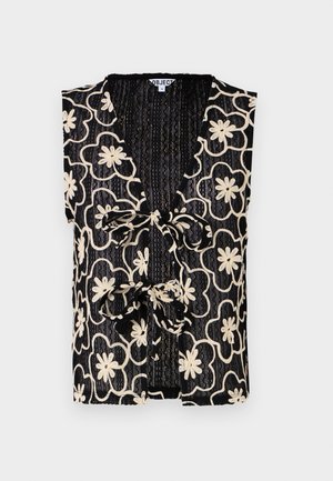 Top sans manches noir avec un décolleté en V, orné d'un motif floral en crème et d'une fermeture à nouer sur le devant. Tissu texturé avec une apparence côtelée.