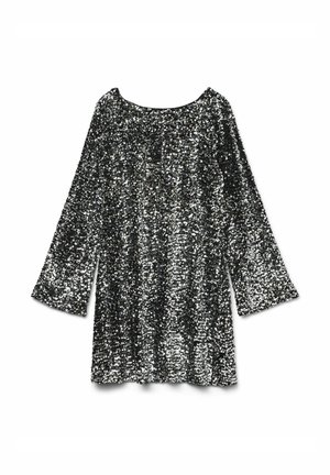 Schwarzes Paillettenkleid mit langen Ärmeln, Rundhalsausschnitt und lockerem Schnitt. Pailletten bedecken den gesamten Stoff und erzeugen eine reflektierende Textur.