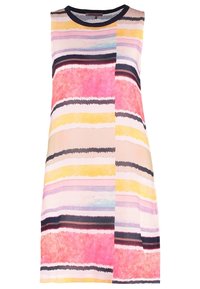 Ärmlös klänning med horisontella ränder i rosa, gult och blått. Tillverkad av lättviktigt tyg med rund halsringning och mjuk textur.