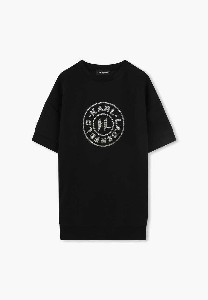 Sweat-shirt noir à manches courtes avec un grand logo circulaire en strass argentés brillants à l'avant. Fabriqué en tissu doux avec une coupe décontractée.