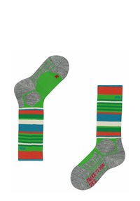 Calze colorate con una combinazione di righe verdi, rosse, blu e bianche, su una base grigia e con punta e tallone rinforzati.