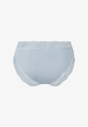 Culottes pour femmes de couleur bleu clair en tissu lisse, avec une bordure en dentelle festonnée présentant un motif en forme de feuille le long de la taille.