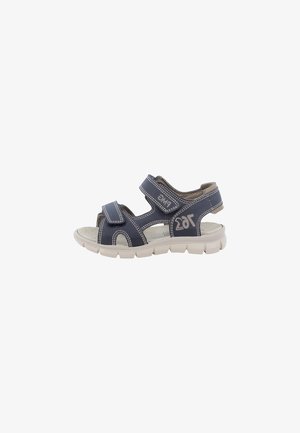 Sandalo da bambino blu navy con suola beige, due cinturini in velcro regolabili e cuciture bianche, vista laterale su sfondo bianco.