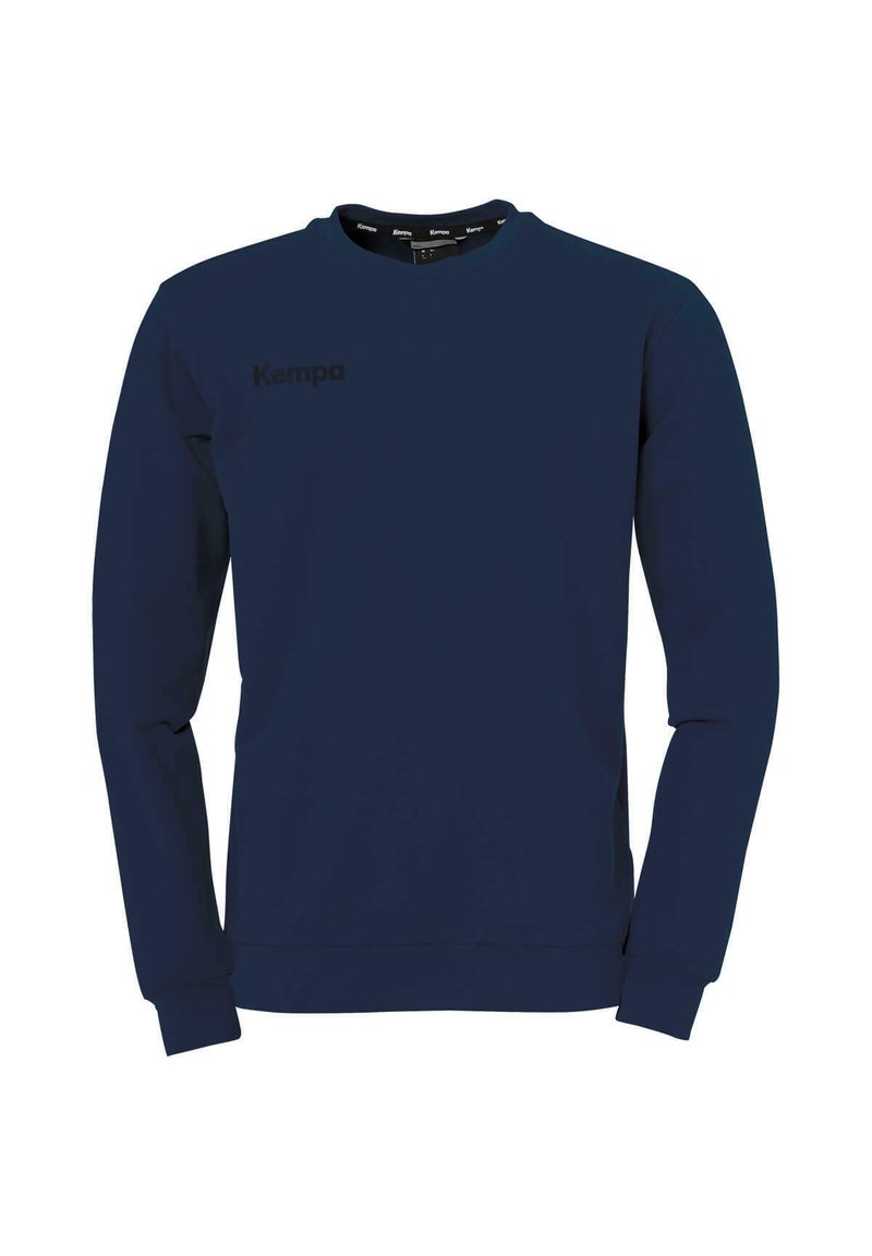 Navyblauwe sweatshirt gemaakt van zachte stof, met lange mouwen, een ronde hals en een klein zwart "Kempa" logo op de borst.