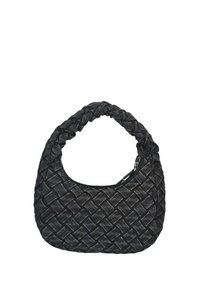 Borsa a tracolla nera intrecciata con manico curvo e imbottito e una cerniera visibile sul lato destro superiore.