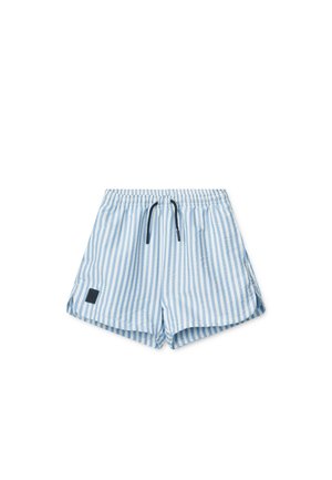 Costume da bagno a righe blu e bianche realizzati in tessuto leggero, con vita elastica e lacci, e un piccolo logo decorativo.