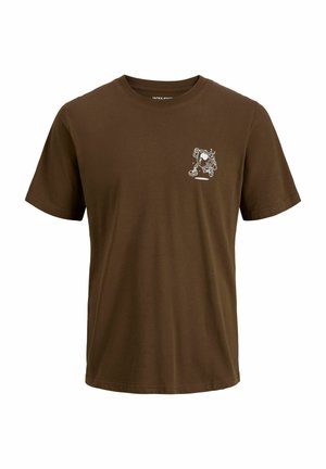 Camiseta marrón de manga corta con un pequeño dibujo animado blanco de un personaje corriendo en la zona izquierda del pecho.