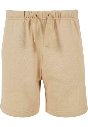 Beige Baumwollshorts mit elastischem Bund und Kordelzug. Glatte Textur, über knielang, mit doppelt genähten Säumen.