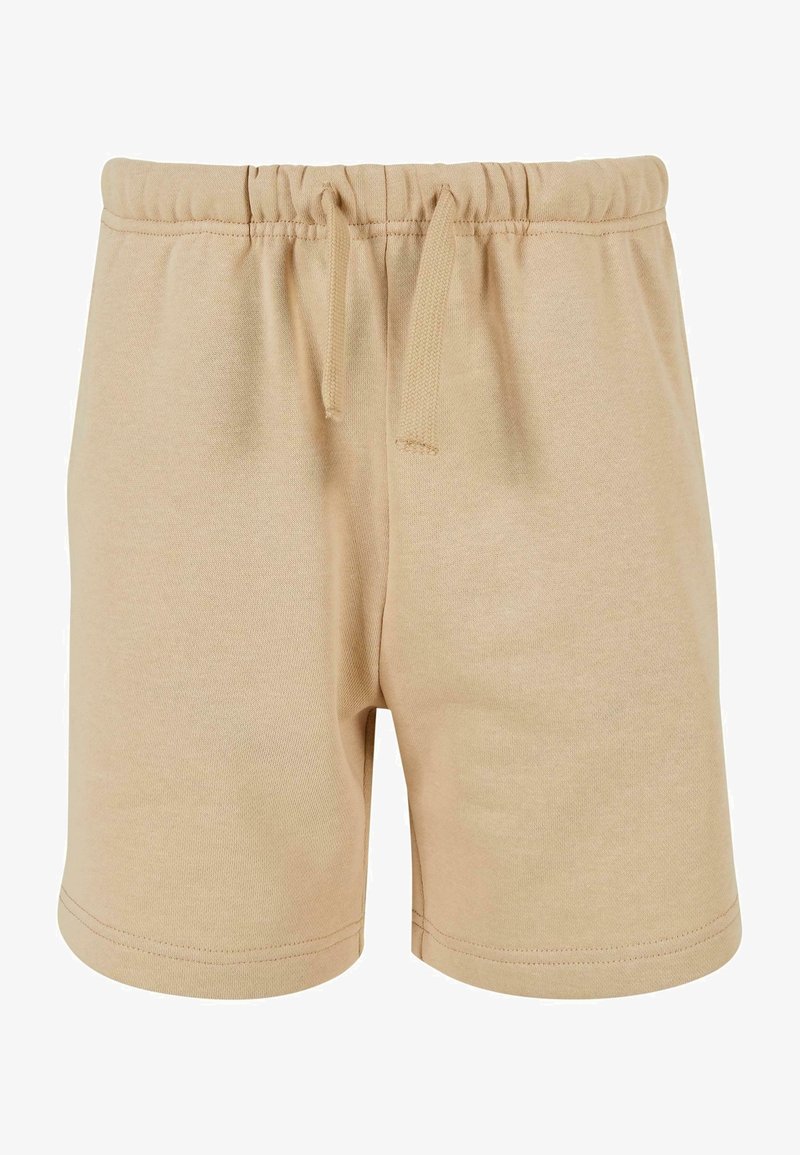 Shorts en coton beige avec une ceinture élastique et un cordon de serrage. Texture lisse, longueur au-dessus du genou, avec des ourlets à double surpiqûre.