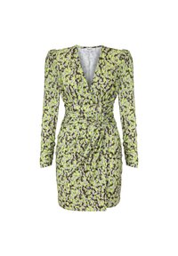 Robe portefeuille à manches longues, avec un motif abstrait vert et marron, décolleté en V profond et détails froncés à la taille. Tissu doux.