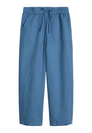 Blaue, weit geschnittene Hose mit elastischem Bund, Kordelzug, aufgesetzten Fronttaschen und Knopfdetails am Saum.