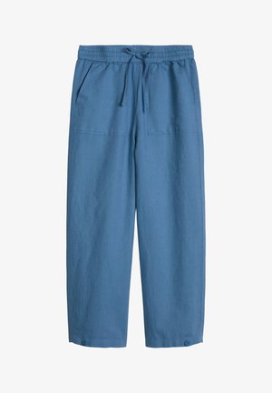 Blaue, weit geschnittene Hose mit elastischem Bund, Kordelzug, aufgesetzten Fronttaschen und Knopfdetails am Saum.