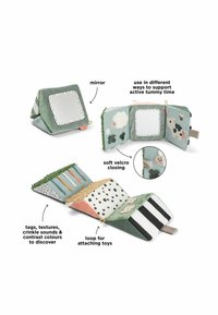 Pehmeatest kangast tegevusmatid peegeliga, mitmekesiste tekstuuridega, krõbisevate helidega ja mänguasjade kinnitamiseks mõeldud aasa; sisaldab värvikirevaid mustreid ja õrnu kujutisi.