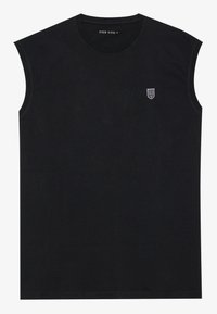 Black sleeveless cotton T-shirt featuring a round neckline and a small embroidered shield logo on the left chest area.