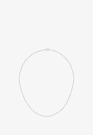 Silberne Kettenhalskette mit einem zarten, verbundenen Design und einem runden Verschluss, etwa 18 Zoll lang, mit glatter Textur.