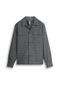 Camicia a quadri grigia con bottoni, realizzata in tessuto testurizzato, con colletto casual, due tasche frontali e bottoni scuri.