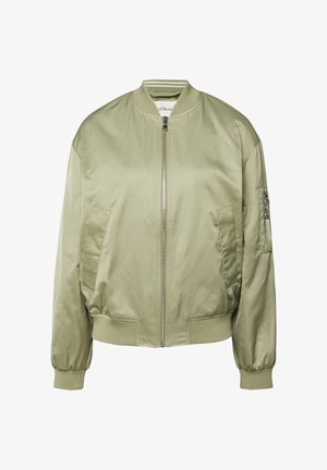 Licht olijfgroene bomberjack met rits aan de voorkant, geribde kraag, manchetten, zoom, zijzakken en een ritssluiting aan de linkermouw.