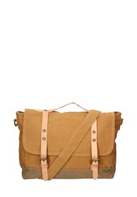 Borsa a tracolla in tela di colore marrone chiaro con cinturini e accessori in pelle. Caratterizzata da una chiusura a patta, tracolla regolabile e tasca esterna.