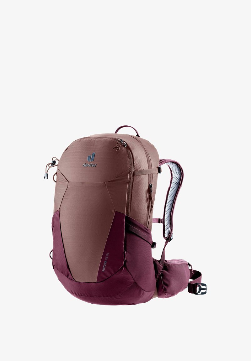 Brown and maroon hiking backpack featuring a streamlined design, mesh padded straps, multiple pockets, and a sturdy top handle.