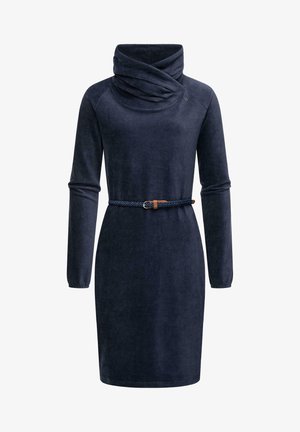 Abito blu navy con scollo a cowl e maniche lunghe. Presenta una cintura intrecciata con un accento in pelle. Tessuto morbido e strutturato.