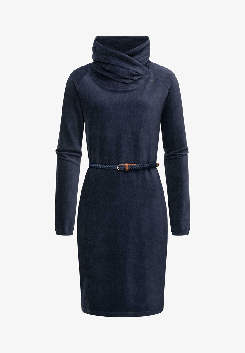 Navyblauwe jurk met een capuchonneckline en lange mouwen. Beschikt over een gevlochten riem met een leren accent. Zachte, gestructureerde stof.