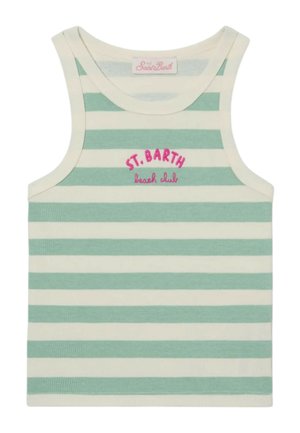 Canottiera a righe senza maniche in verde chiaro e bianco con scritta rosa "ST. BARTH beach club" sul petto.