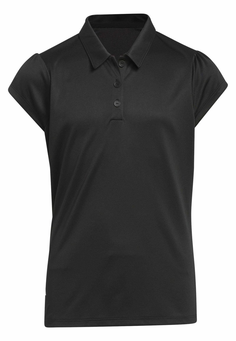 Zwarte polo met korte cap sleeves, gemaakt van gladde stof, met een kraag en een drie-knopenlijst, met een rechte zoom.
