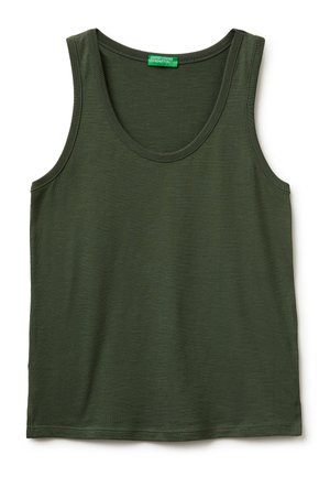 Canotta verde scuro senza maniche con scollo rotondo, realizzata in tessuto morbido, con etichetta verde all'interno del colletto.