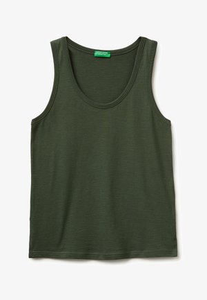 Bezrękawnik w ciemnozielonym kolorze z okrągłym dekoltem, wykonany z miękkiego materiału, z zieloną metką wewnątrz kołnierza.