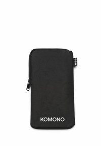Svart dragkedjepåse gjord av texturerad tyg med en vit "KOMONO"-logotyp, med en slät dragkedja och en liten etikett på sidan.