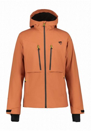 Giacca invernale con cappuccio color ruggine con fodera interna nera, cerniera frontale, due tasche verticali sul petto con tiretti gialli e polsini regolabili.