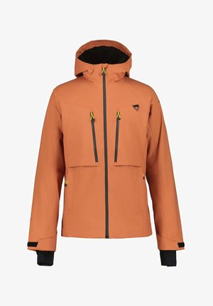 Giacca invernale con cappuccio color ruggine con fodera interna nera, cerniera frontale, due tasche verticali sul petto con tiretti gialli e polsini regolabili.