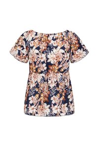 Bloes met korte mouwen in bloemenprint, marineblauwe achtergrond, met grote, lichtroze bloemen en een elastische taille voor een ontspannen pasvorm.
