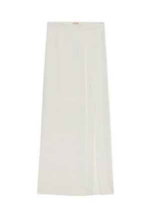 Dlouhá bílá sukně s předním rozparkem na pravé straně, s čistým, minimalistickým designem a malou nášivkou u pasu.