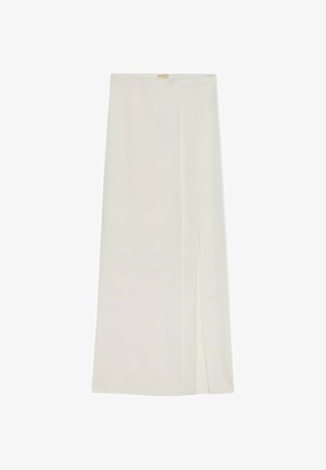 Dlouhá bílá sukně s předním rozparkem na pravé straně, s čistým, minimalistickým designem a malou nášivkou u pasu.