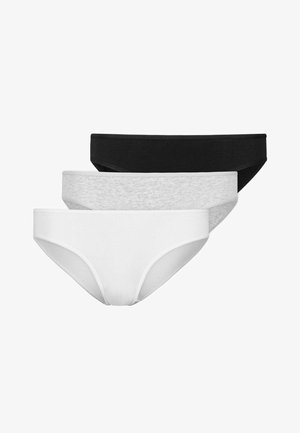 Three pairs of women's briefs in black, white, and gray. Made of smooth cotton with a simple, low-rise design and soft waistband.