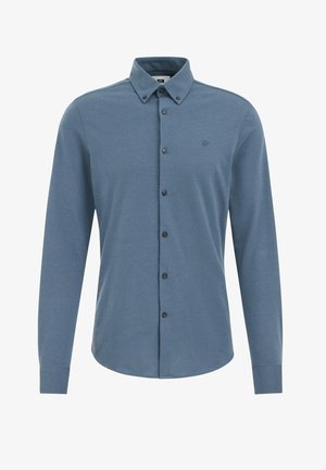 Srajca na gumbe iz modrega bombaža, z razprtimi ovratniki, dolgimi rokavi, sprednjim gumbom za zapiranje in majhnim logotipom na prsih.
