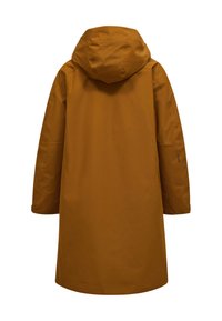 Lange bruine jas met capuchon, met een gladde textuur, rechte silhouet en zonder zichtbare sluitingen of patronen.