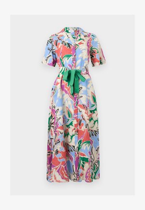 Lühikeste varrukatega, eest nööbitav maxi-kleit mitmevärvilise abstraktse lillemustriga ja vööga, mis on vöökohal rohelisest kangast seotud.