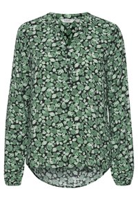 Blommig blus i mörkgrön med vita och ljusgröna mönster, lång ärm, krage och lätt rundad nederkant.