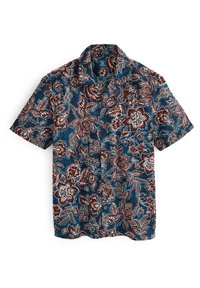 Kurzärmliges Hemd in Marineblau mit floralem Muster in Rot, Weiß und Türkis, mit Knopfleiste und Kragen.