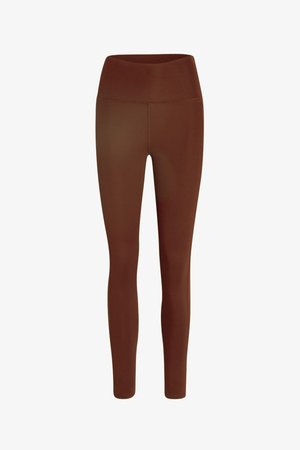 High-waisted, full-length brown leggings with a smooth, fitted design and no visible patterns or logos.