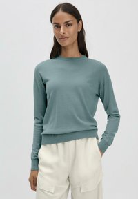 Langärmliger Pullover aus weichem Teal-Strick, mit Rundhalsausschnitt und gerippten Bündchen, kombiniert mit cremefarbenen Cargo-Hosen.