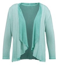 Öppen cardigan i ljus teal tyg, med långa ärmar och en draperad design med mjuka, följsamma kanter och en texturerad yta.