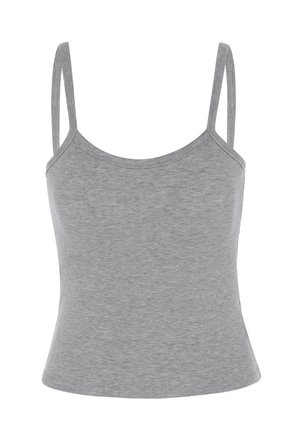 Grå ribstrikket tanktop med tynde skulderstropper og tætsiddende pasform, vist på en hvid baggrund.