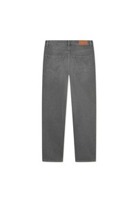 Šedé džíny z denimu s rovnom střihem, s koženou nášivkou na pásku a dvěma zadními kapsami. Hladká texturka a minimalistický design.